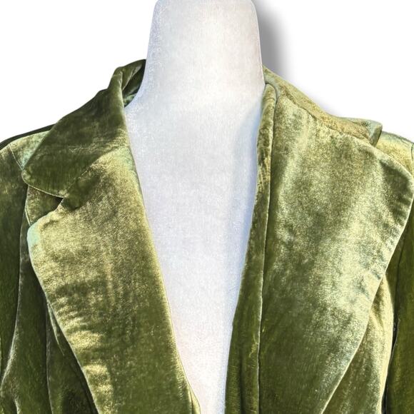 Vintage 90s Olive Green Silk Velvet Wrap Coat Belted Duster Jacket Luxe Layer - Picture 2 of 8
